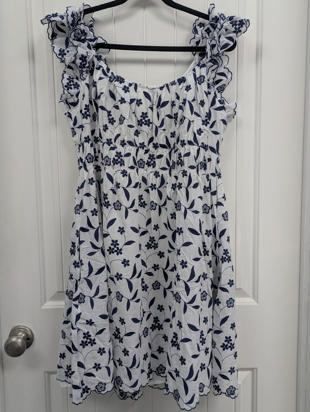 Blue Tassel Embroidered Cotton Floral Ruffle Dress -white & Navy